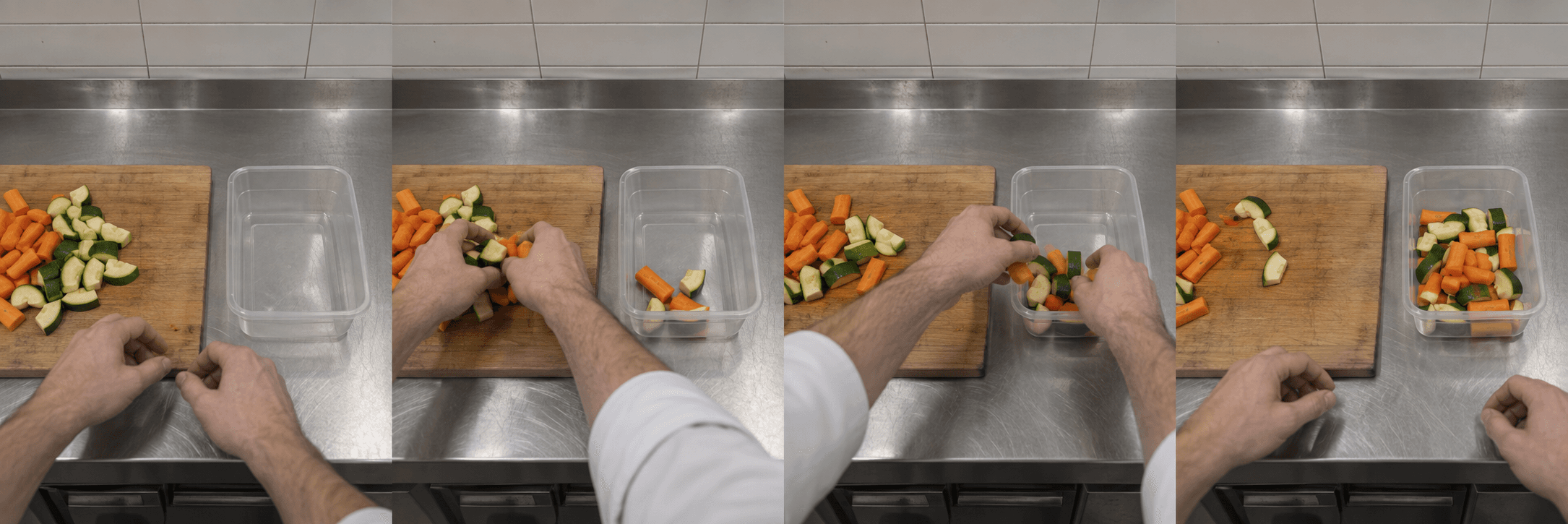 Four AI-generated moments of the same kitchen task: an empty container, hands beginning to transfer vegetables, transfer in progress, and the completed portion.
